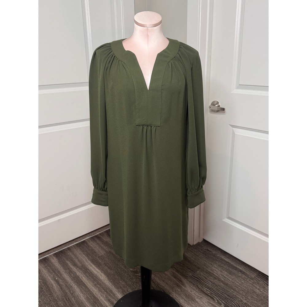 Trina Turk Olive Green Long Sleeve V-Neck Shift Dress Size XS